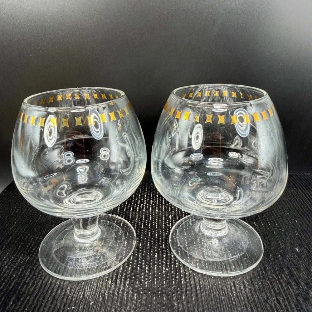 West‎ Elm Brandy Snifter Glasses Set of 2 Gold Bow Ribbon Pattern Clear Barware